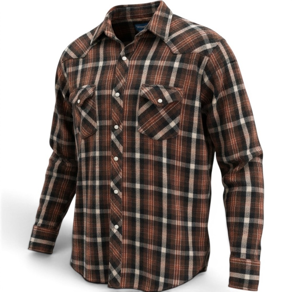 Wrangler Mens Western Plaid Heavy Flannel Snap Front Shirt Brown Black Cowboy XL
